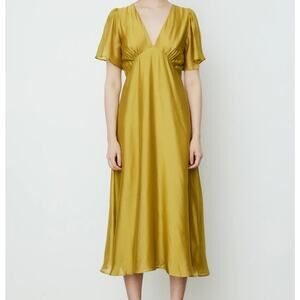 Lisa Says Gah‎ Grace Dress Chartreuse Flutter Sleeve V Neck Midi Size Small
